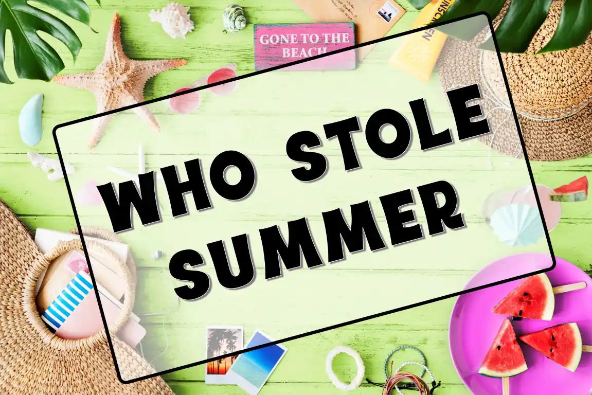 Summer CSI Math Mystery activity cover showing a sunny beach scene, a detective's magnifying glass, and sample addition & subtraction problems for elementary grades to prevent summer slide