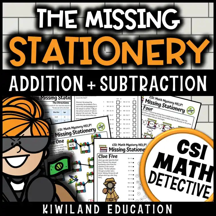 CSI Math Mystery cover image for 2nd 3rd 4th grade, showing detective elements, magnifying glass, and math symbols for 3-digit addition, multiplication, and division facts practice.