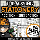 CSI Math Mystery cover image for 2nd 3rd 4th grade, showing detective elements, magnifying glass, and math symbols for 3-digit addition, multiplication, and division facts practice.
