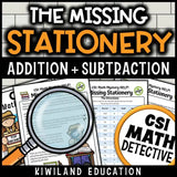 Close-up of a CSI Math Mystery printable worksheet, showcasing engaging math problems with 3-digit addition with regrouping and basic multiplication facts for elementary students.