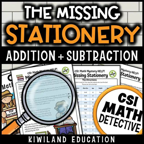 Close-up of a CSI Math Mystery printable worksheet, showcasing engaging math problems with 3-digit addition with regrouping and basic multiplication facts for elementary students.