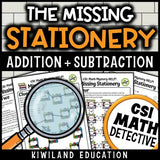 Students collaborating on a CSI Math Mystery activity, actively solving division fact problems and elimination clues to find the stationery thief, perfect for fun math review.