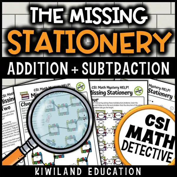Students collaborating on a CSI Math Mystery activity, actively solving division fact problems and elimination clues to find the stationery thief, perfect for fun math review.
