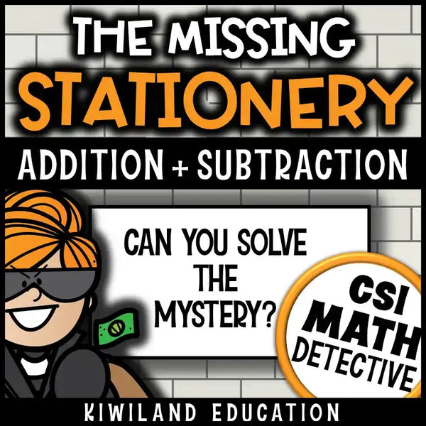 Bundle image featuring the CSI Math Mystery and related printable math activities, highlighting an independent escape room style challenge for back-to-school or sub teacher use.