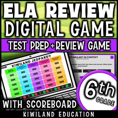 6th grade ELA digital Jeopardy game cover, reading and language arts review for grades 5–7