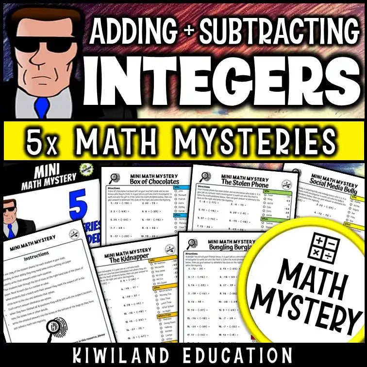 Student worksheet featuring a mystery story with integer addition and subtraction problems