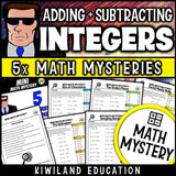 Student worksheet featuring a mystery story with integer addition and subtraction problems