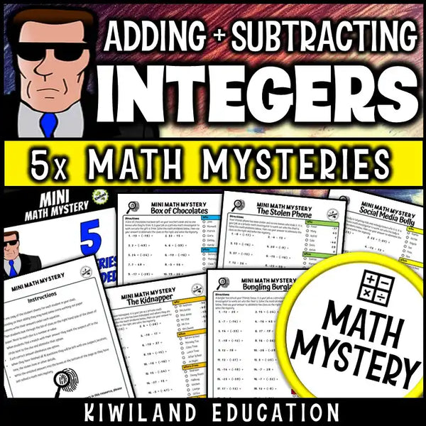 Student worksheet featuring a mystery story with integer addition and subtraction problems