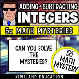 Set of printable math mysteries for reviewing integer skills, includes color and B&W formats