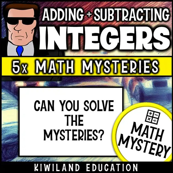 Set of printable math mysteries for reviewing integer skills, includes color and B&W formats