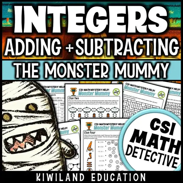 Printable CSI math mystery worksheet with adding and subtracting integers