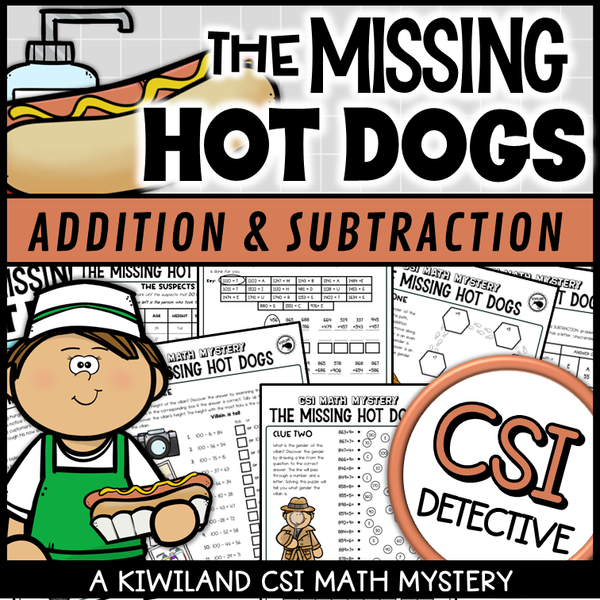Printable addition and subtraction CSI mystery with clue-based math worksheets