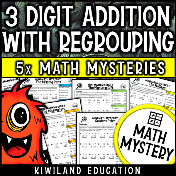 3-digit addition with regrouping printable math mystery for elementary students