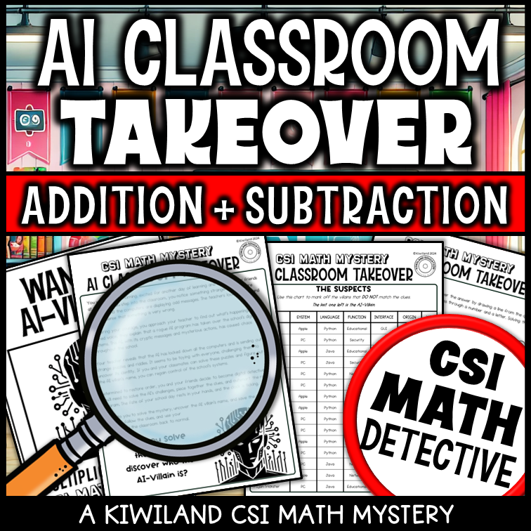 Printable detective-style math review with 3-digit subtraction and puzzles