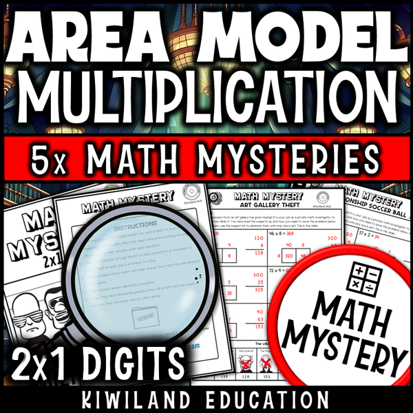 Student solving math problems to eliminate suspects in a multiplication mystery