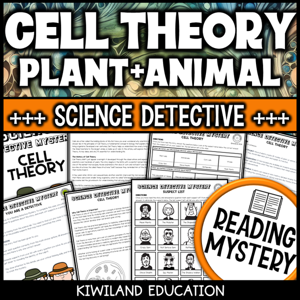 Reading mystery on Cell Theory and plant and animal cells with comprehension questions