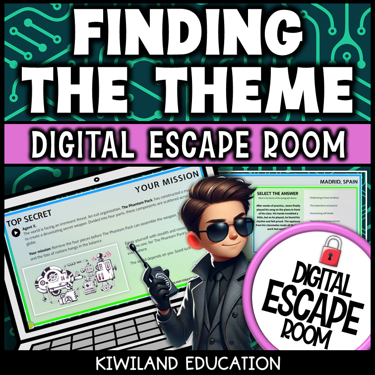 Grade 5 ELA digital escape room for finding the theme and practicing inference skills
