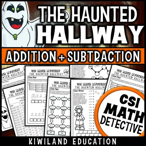 Printable CSI math mystery worksheet with 3-digit addition and subtraction