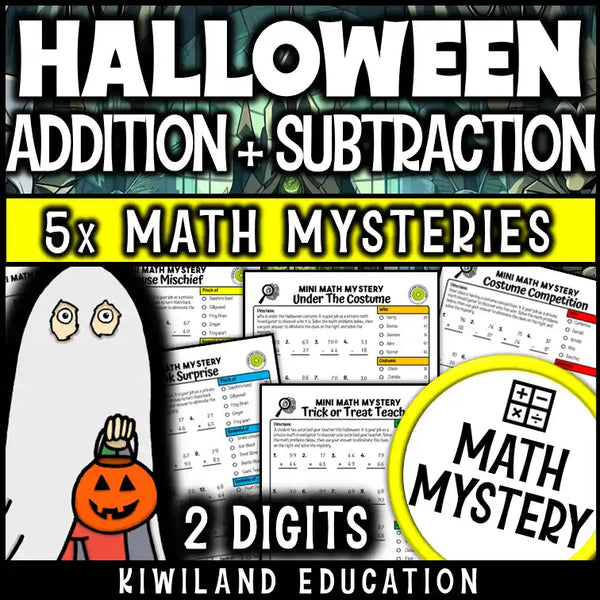 Halloween math worksheet with 2-digit addition and subtraction regrouping problems