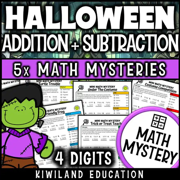 Halloween worksheet with 4-digit addition and subtraction regrouping activity