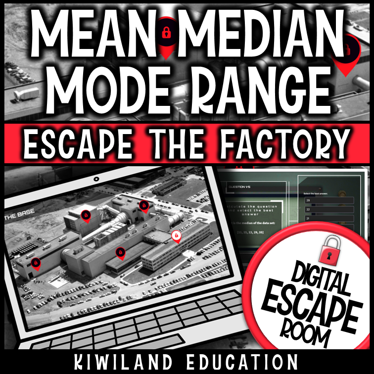 Digital escape room for grades 5–7 practicing mean, median, mode, and range