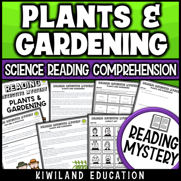 Printable Earth Science reading mystery on plants and gardening with comprehension activities