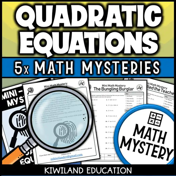 Quadratic equations math mystery with puzzles and suspect clues