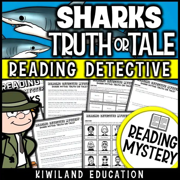 Printable shark myths reading comprehension activity with nonfiction article and worksheet for grades 3–6