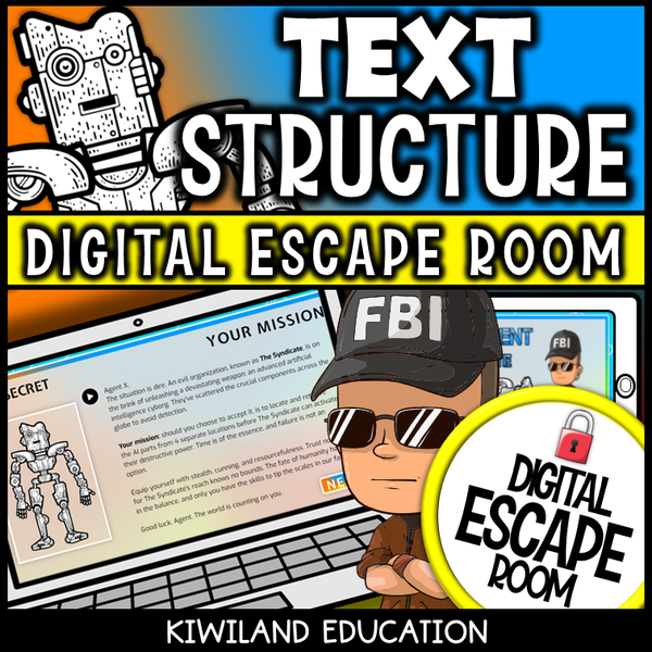 ELA digital escape room on text structure for grades 4–6 with AI conspiracy theme