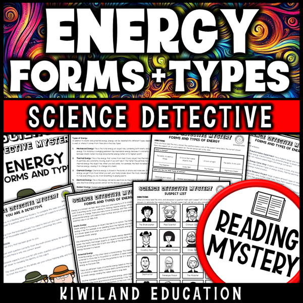 Printable science reading mystery on types and forms of energy with comprehension activities