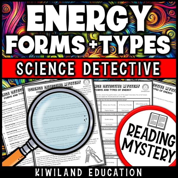 Informational passage and reading questions covering thermal, chemical, and kinetic energy