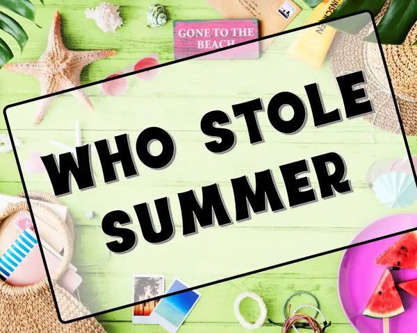 Summer CSI Math Mystery activity cover showing a sunny beach scene, a detective's magnifying glass, and sample addition & subtraction problems for elementary grades to prevent summer slide