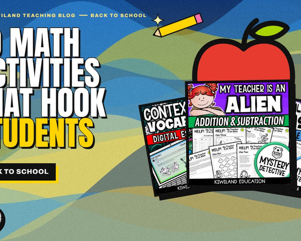 First week of school math activities, no prep: Kiwiland Teaching Blog cover with back-to-school worksheet covers and a red apple
