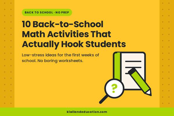 10 Back-to-School Math Activities That Actually Hook Students — Kiwiland Education blog graphic with a notebook, pencil and magnifying glass, for no-prep first-week math activities.