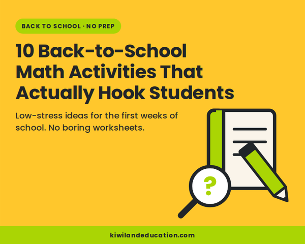 10 Back-to-School Math Activities That Actually Hook Students — Kiwiland Education blog graphic with a notebook, pencil and magnifying glass, for no-prep first-week math activities.