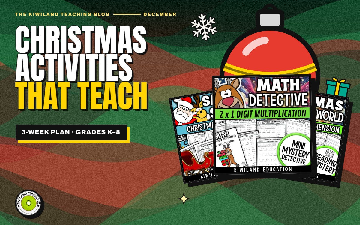 Christmas math and reading activities for December: Kiwiland Teaching Blog cover with Who Stole the Sleigh, Christmas multiplication and Christmas Around the World covers