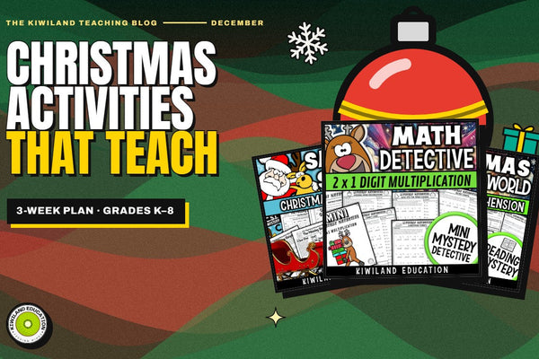 Christmas math and reading activities for December: Kiwiland Teaching Blog cover with Who Stole the Sleigh, Christmas multiplication and Christmas Around the World covers