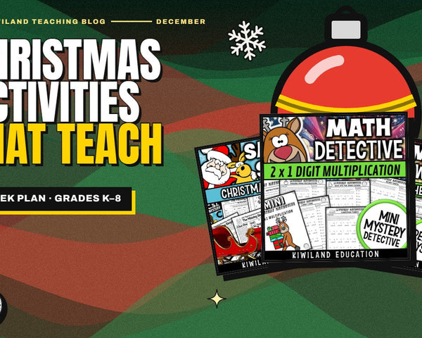 Christmas math and reading activities for December: Kiwiland Teaching Blog cover with Who Stole the Sleigh, Christmas multiplication and Christmas Around the World covers