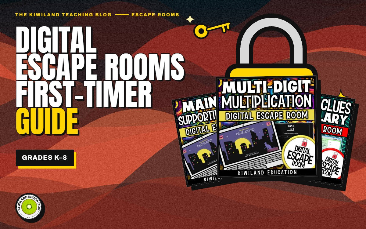 How to run a digital escape room in class: Kiwiland Teaching Blog cover with main idea and multiplication escape rooms and a padlock