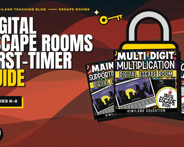 How to run a digital escape room in class: Kiwiland Teaching Blog cover with main idea and multiplication escape rooms and a padlock