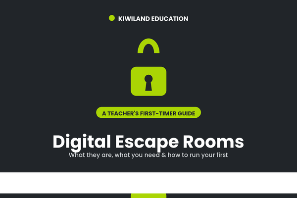 Digital Escape Rooms: A Teacher's First-Timer Guide — Kiwiland Education graphic with a padlock, for no-prep digital escape room classroom activities, Grades K to 8.