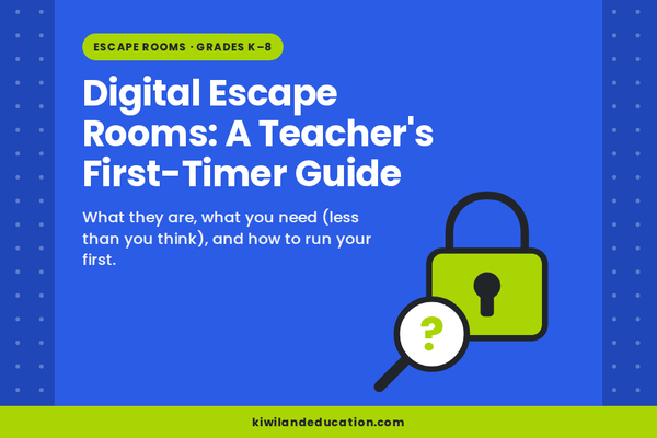 Digital Escape Rooms: A Teacher's First-Timer Guide — Kiwiland Education graphic with a padlock and magnifying glass, for no-prep digital escape room classroom activities, Grades K to 8.