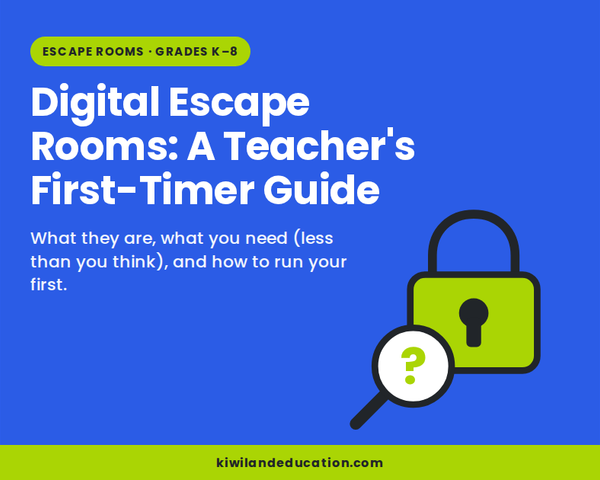 Digital Escape Rooms: A Teacher's First-Timer Guide — Kiwiland Education graphic with a padlock and magnifying glass, for no-prep digital escape room classroom activities, Grades K to 8.