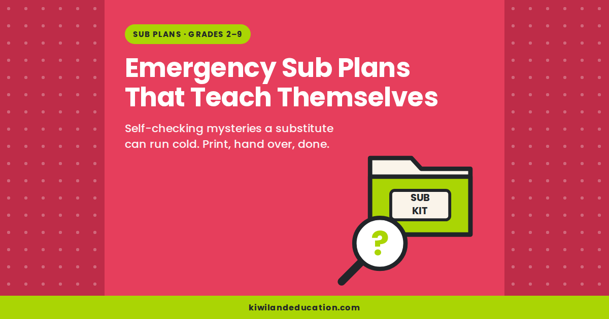 Emergency Sub Plans That Teach Themselves — Kiwiland Education graphic with a sub-kit folder and magnifying glass, self-checking mystery worksheets for Grades 2 to 9.