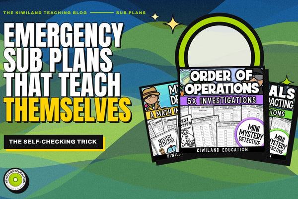 Self-checking emergency sub plans for math: Kiwiland Teaching Blog cover with order of operations and decimals detective worksheets