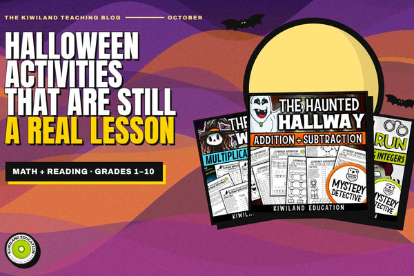 Halloween math and reading activities for grades 1–10: Kiwiland Teaching Blog cover with The Haunted Hallway, The School Witches and Zombie Run worksheets under a full moon