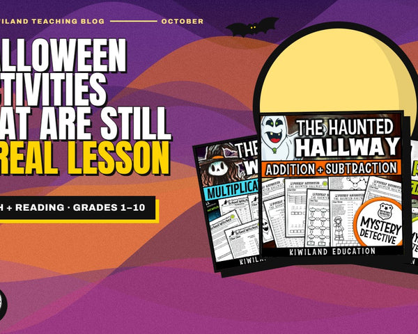 Halloween math and reading activities for grades 1–10: Kiwiland Teaching Blog cover with The Haunted Hallway, The School Witches and Zombie Run worksheets under a full moon