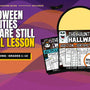 Halloween math and reading activities for grades 1–10: Kiwiland Teaching Blog cover with The Haunted Hallway, The School Witches and Zombie Run worksheets under a full moon