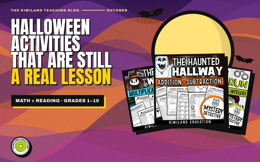 Halloween math and reading activities for grades 1–10: Kiwiland Teaching Blog cover with The Haunted Hallway, The School Witches and Zombie Run worksheets under a full moon