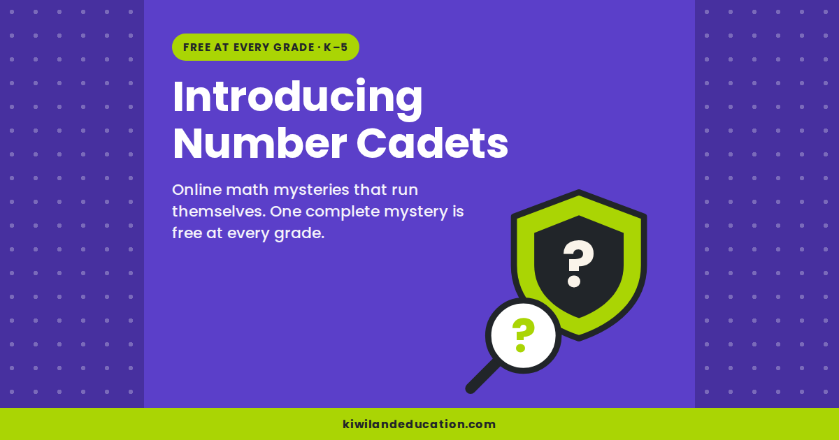 Introducing Number Cadets — Kiwiland Education blog graphic with a detective shield and magnifying glass, for free online math mysteries in grades K to 5.
